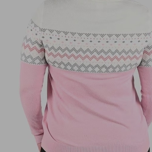 Tamsy Pink and Cream Knit Round Neck Sweater with Chevron Pattern  - Picture 2 of 4